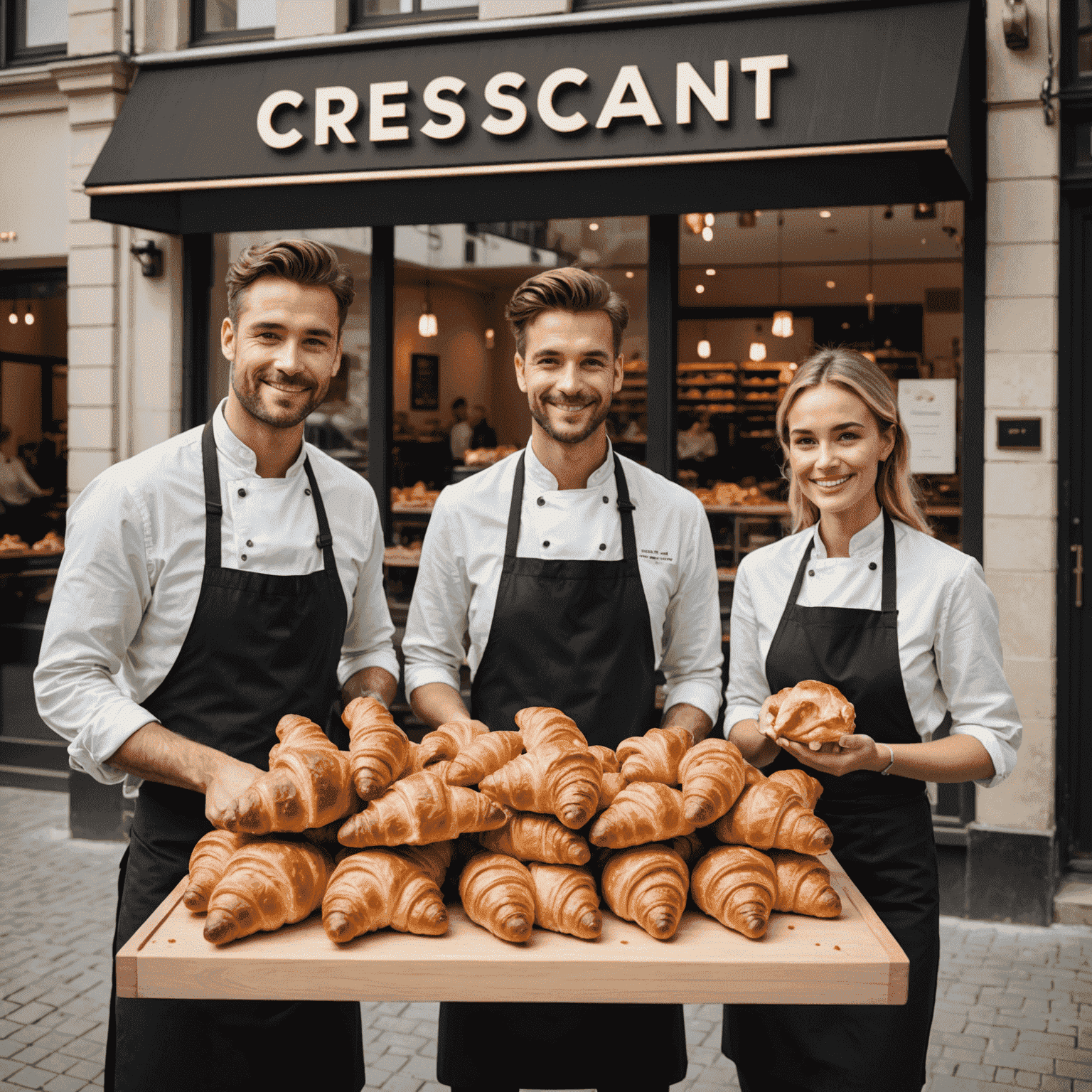 Echipa CrispCroissant în fața unei patiserii moderne, prezentând o selecție variată de croissante proaspete. Imaginea transmite profesionalism și pasiune pentru industria de patiserie.