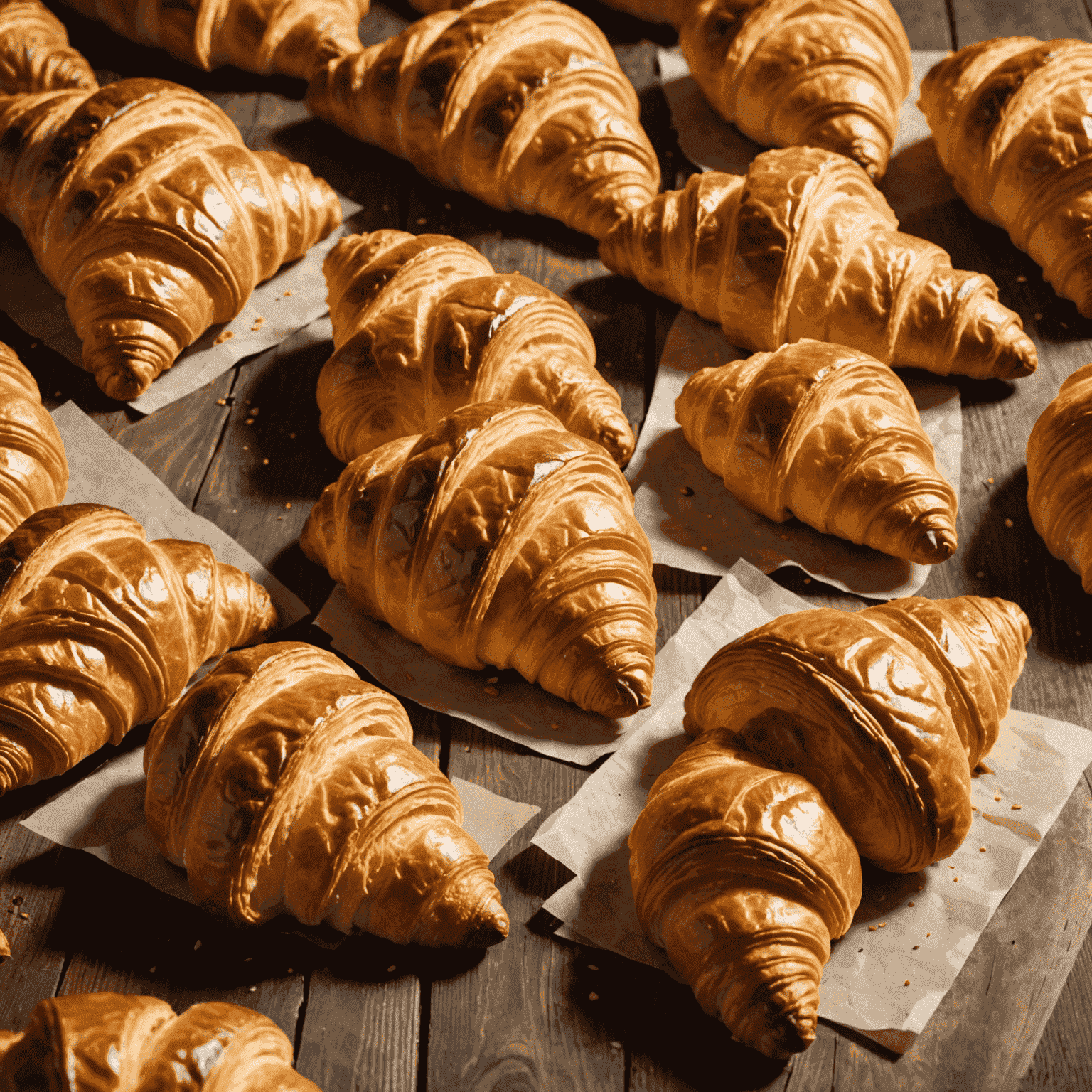 O imagine cu diverse croissante proaspăt coapte aranjate frumos pe o masă de lemn într-o cafenea din București, ilustrând popularitatea crescândă a acestor produse de patiserie în România