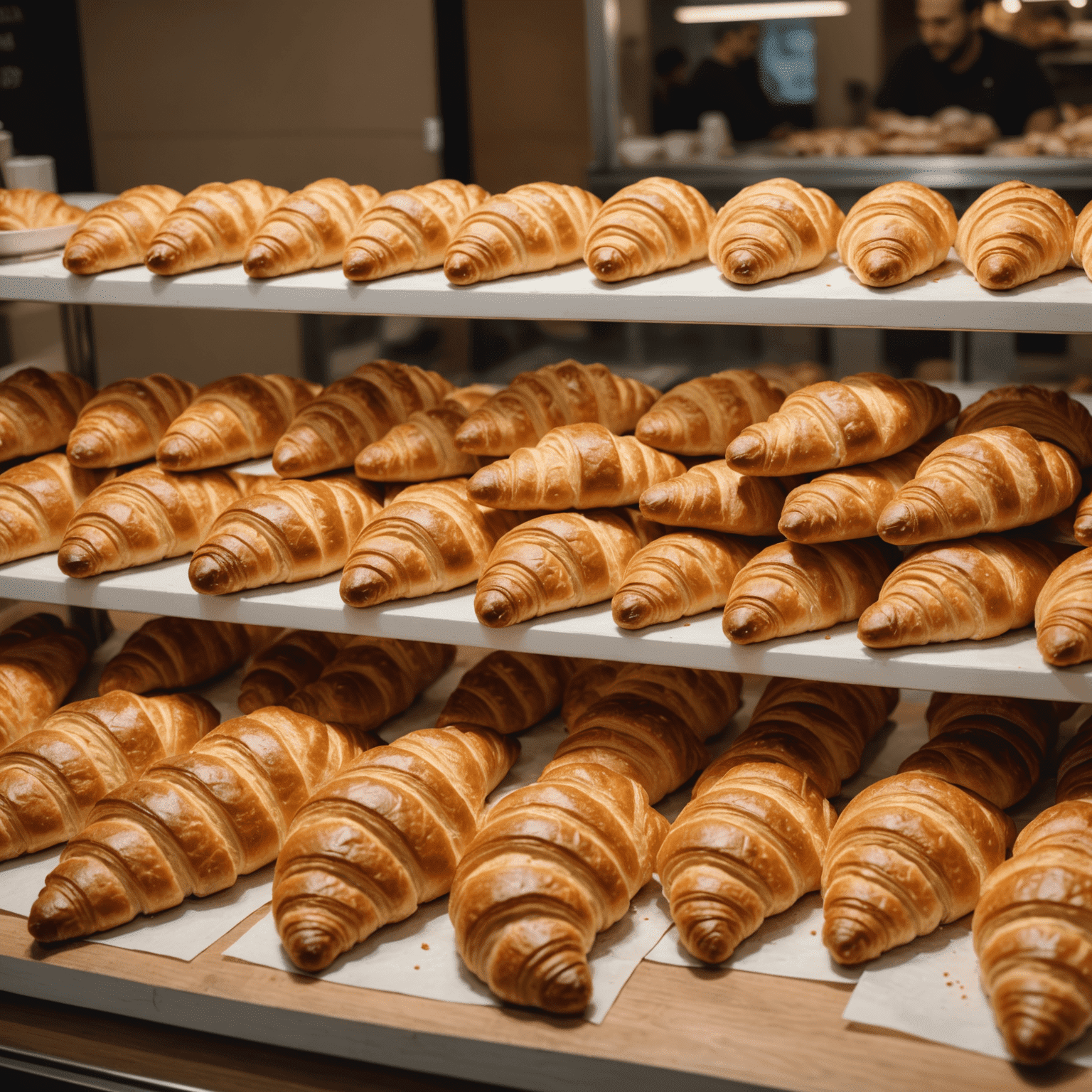 O imagine care prezintă o varietate de croissante proaspăt coapte într-o brutărie românească modernă, cu clienți care aleg produsele lor preferate.