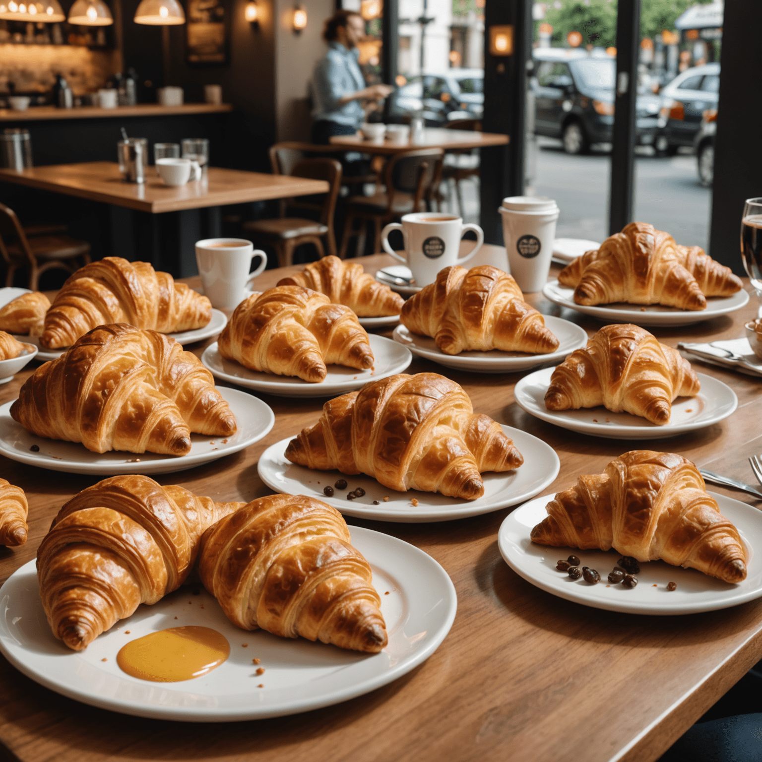 O imagine cu diverse croissante proaspete și atractive aranjate pe o masă de cafenea, cu un logo de franciză în fundal și clienți bucurându-se de produse