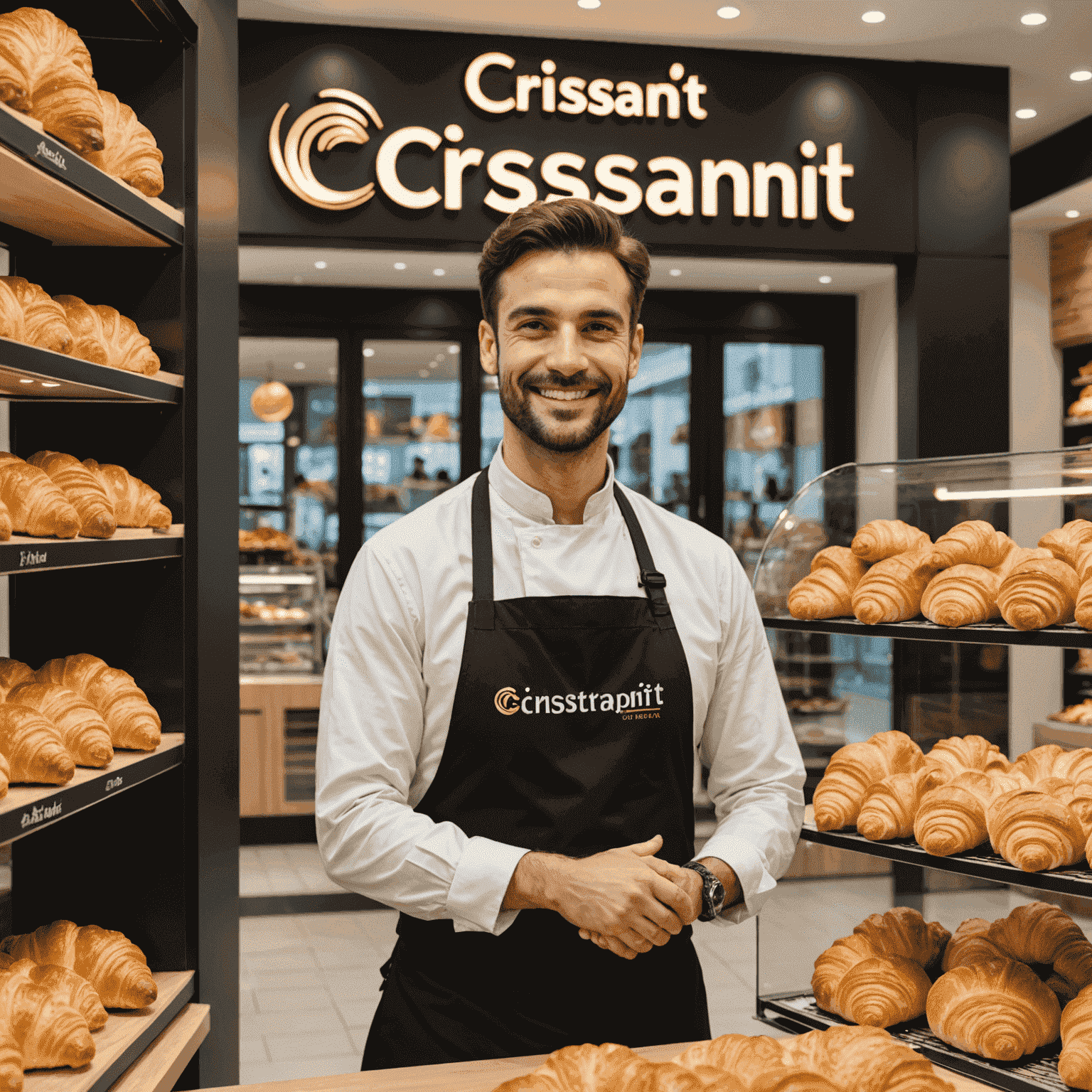 O imagine cu un antreprenor zâmbitor în fața unei francize de croissante nou deschise în România, cu un logo atractiv și o vitrină plină de croissante proaspete