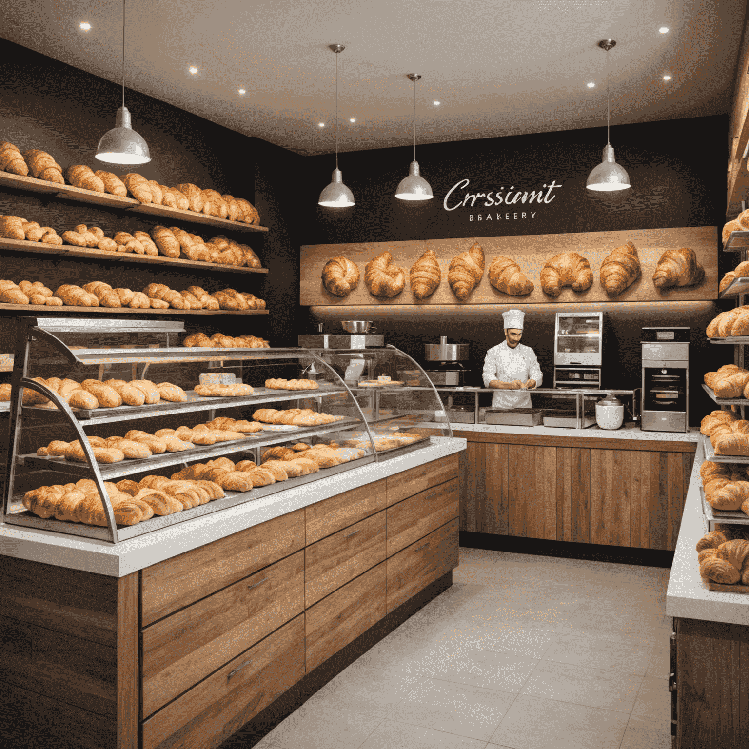 Interior modern al unei patiserii de croissante, cu personal pregătind produse proaspete