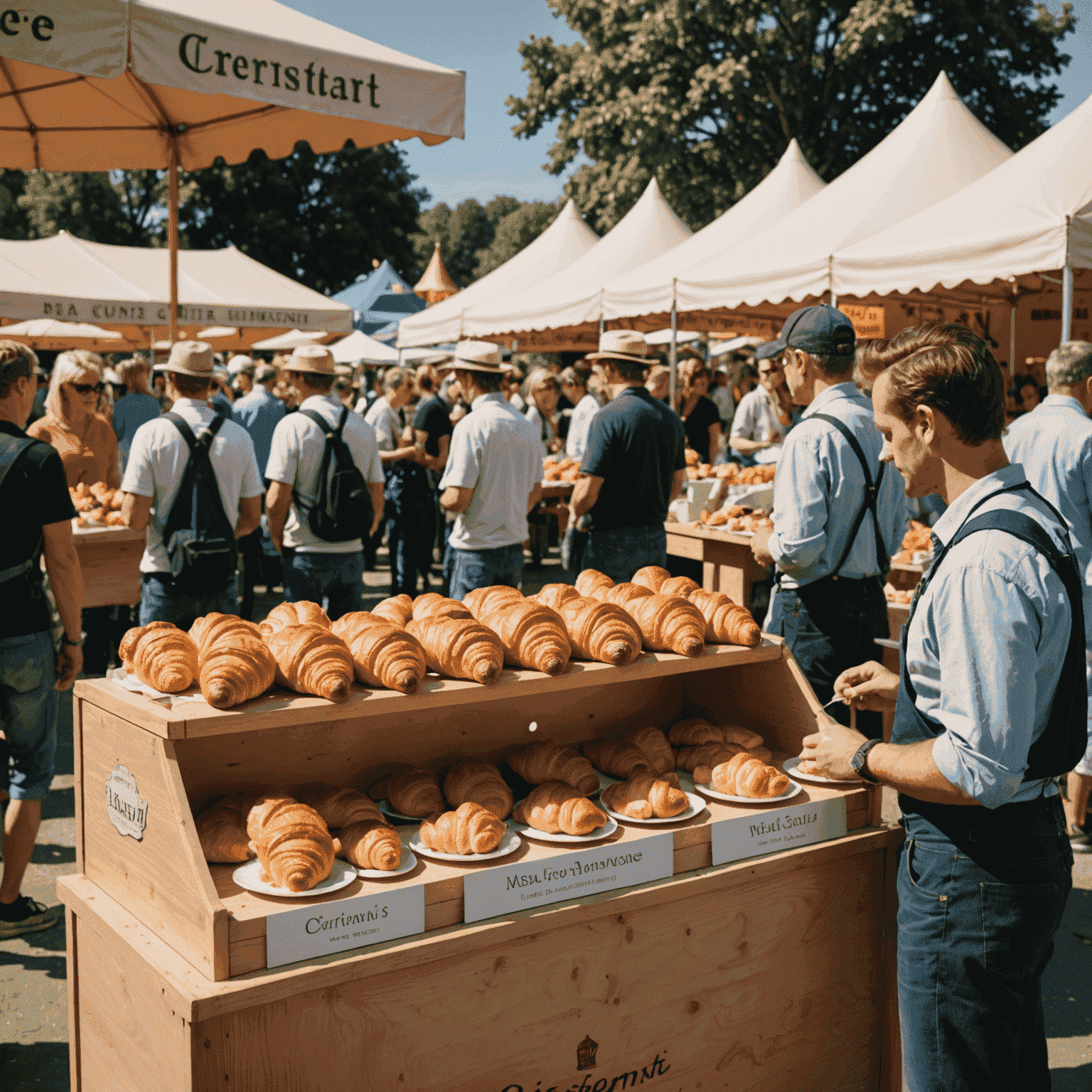 O imagine care prezintă un stand de croissante într-un târg local, cu mulți vizitatori interesați și degustând produsele