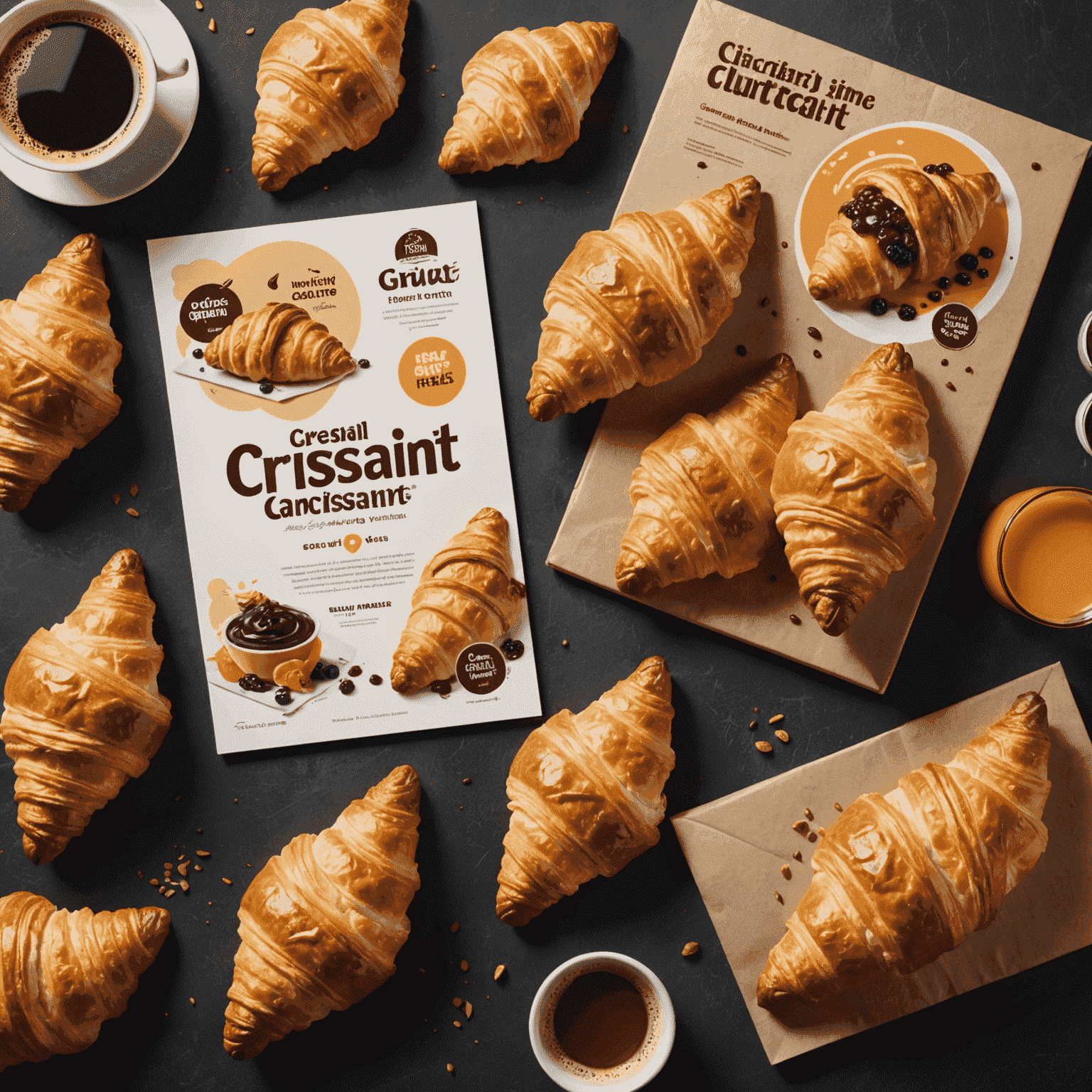 O imagine care prezintă o campanie de marketing creativă pentru o franciză de croissante, cu afișe atractive, prezență în social media și clienți interacționând cu brandul.